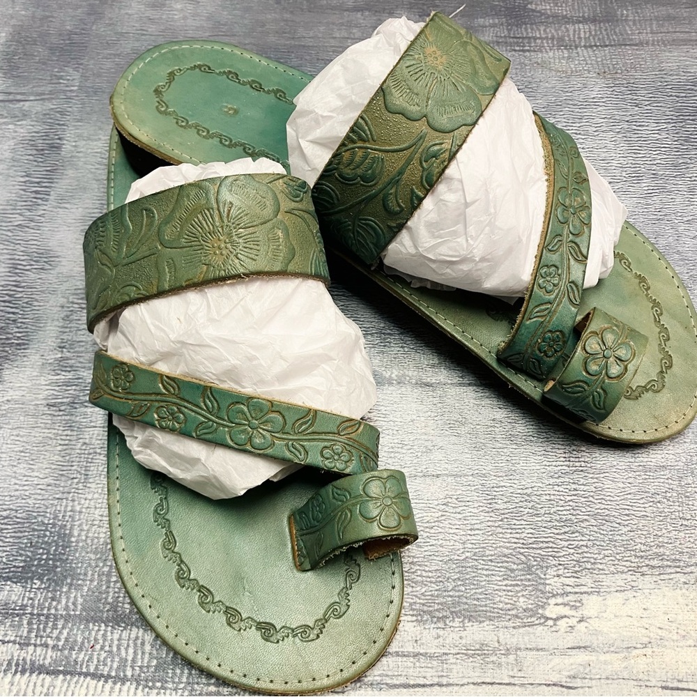 Green Boho Floral Embossed Leather Slide Sandals - Picture 7 of 8